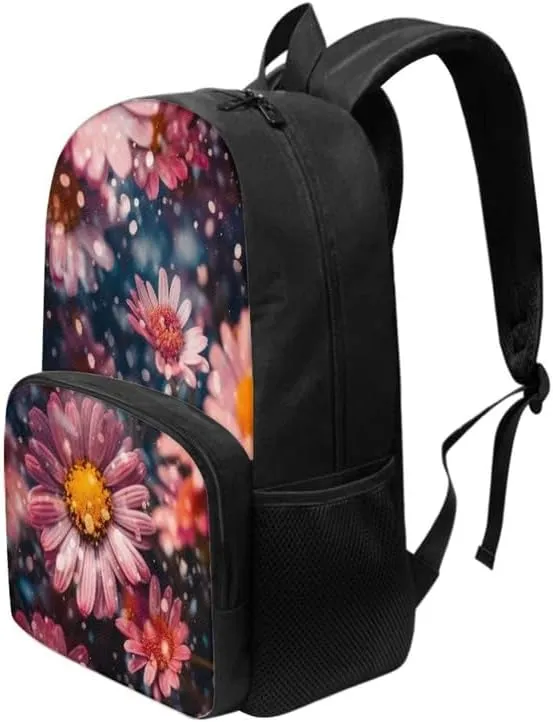 17in Daisy Polka Dot Backpack Lightweight Pink Aesthetic Gerbera Flowers Bookbags Travel Picnic School Bag for Children Aged 6-18 for Elementary High School Kids