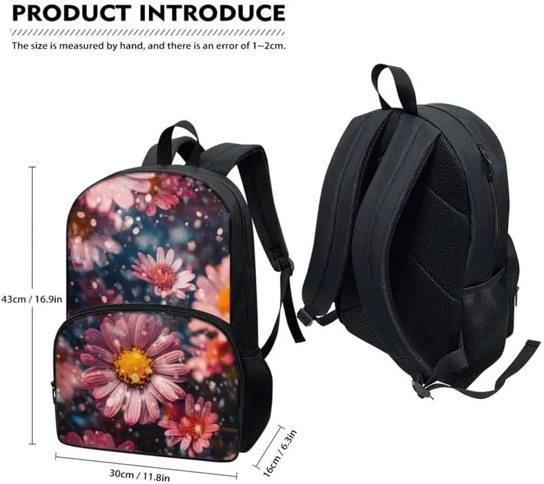 17in Daisy Polka Dot Backpack Lightweight Pink Aesthetic Gerbera Flowers Bookbags Travel Picnic School Bag for Children Aged 6-18 for Elementary High School Kids