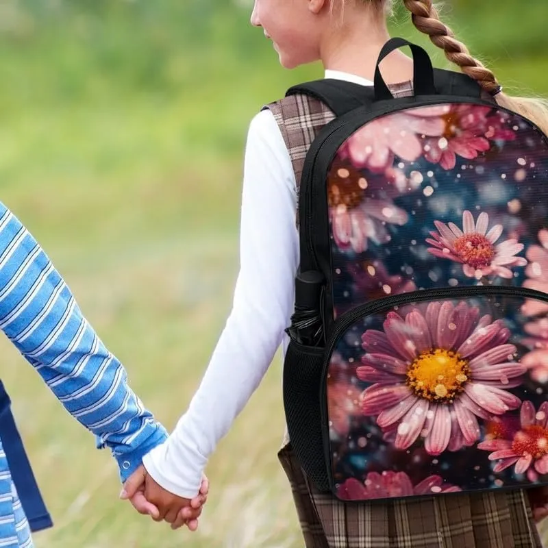 17in Daisy Polka Dot Backpack Lightweight Pink Aesthetic Gerbera Flowers Bookbags Travel Picnic School Bag for Children Aged 6-18 for Elementary High School Kids