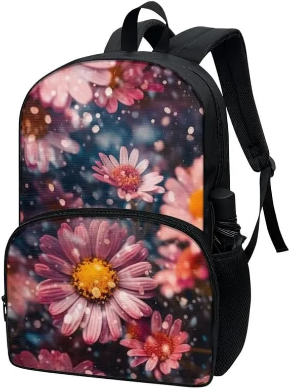 17in Daisy Polka Dot Backpack Lightweight Pink Aesthetic Gerbera Flowers Bookbags Travel Picnic School Bag for Children Aged 6-18 for Elementary High School Kids