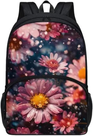 17in Daisy Polka Dot Backpack Lightweight Pink Aesthetic Gerbera Flowers Bookbags Travel Picnic School Bag for Children Aged 6-18 for Elementary High School Kids