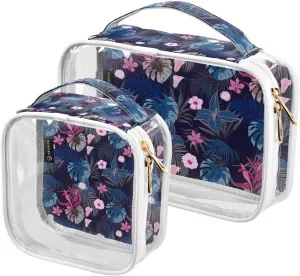 2 Pack Portable Travel Clear Cosmetic Toiletry Bags with Double Zippers for Men Women, Artistic-darkt-tropical-pattern Waterproof Storage Carry Pouch with Handle, Tote Bags for Bathroom Traveling Vac