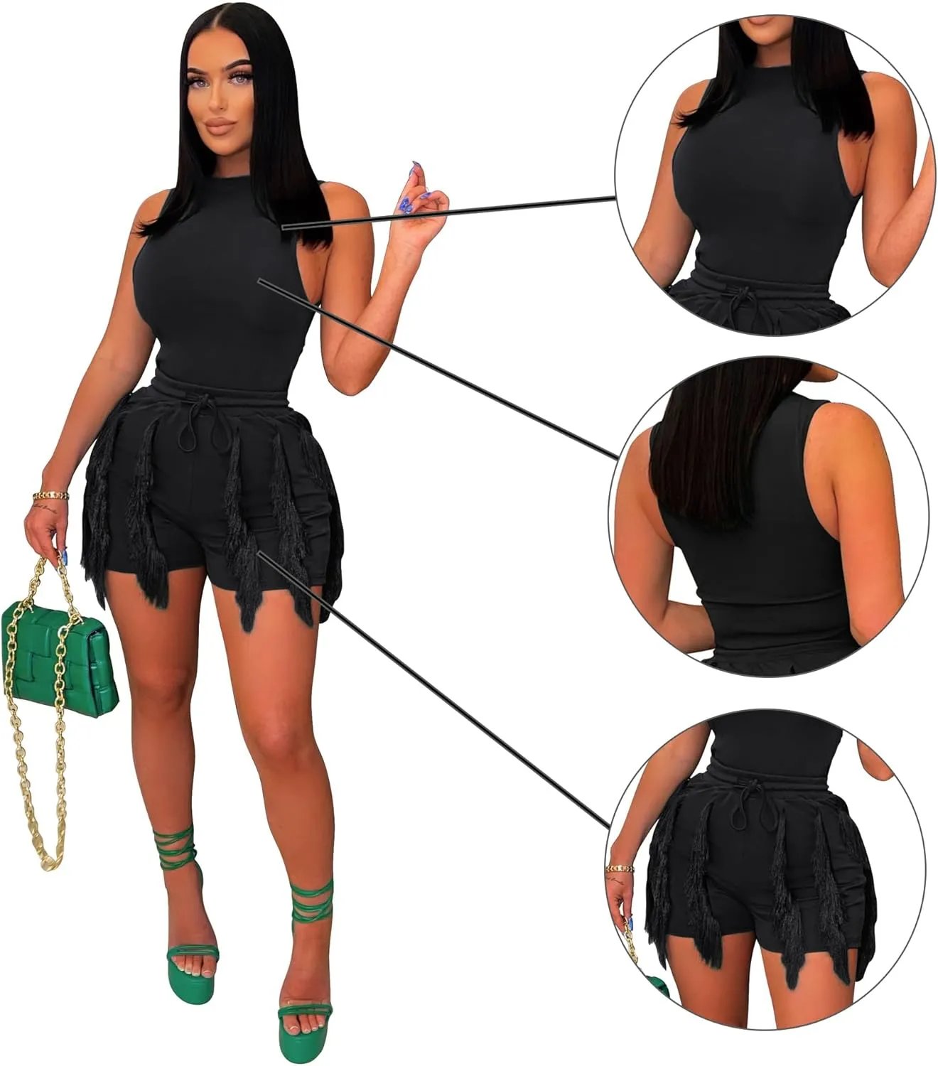 2 Piece Short Sets for Women - Sexy Bodycon Sleeveless Tops Fringe Pants Drawstring Shorts Jumpsuits