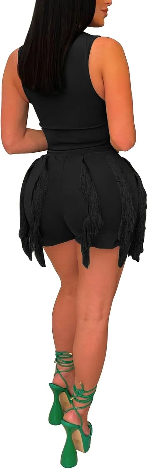 2 Piece Short Sets for Women - Sexy Bodycon Sleeveless Tops Fringe Pants Drawstring Shorts Jumpsuits