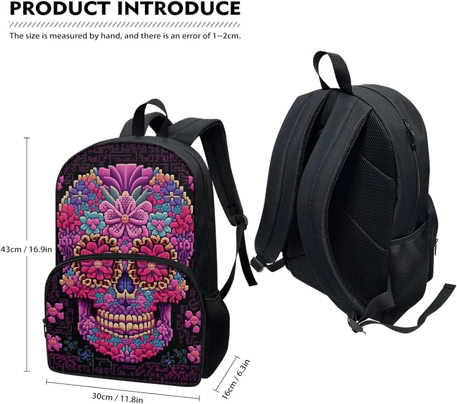 2023 Magenta Floral Skull Schoolbag Boys Girls Middle High School 17" Double Zipper Gothic Flowers Skeleton Daypack Durable Knapsack Bookbags Laptop Compartment