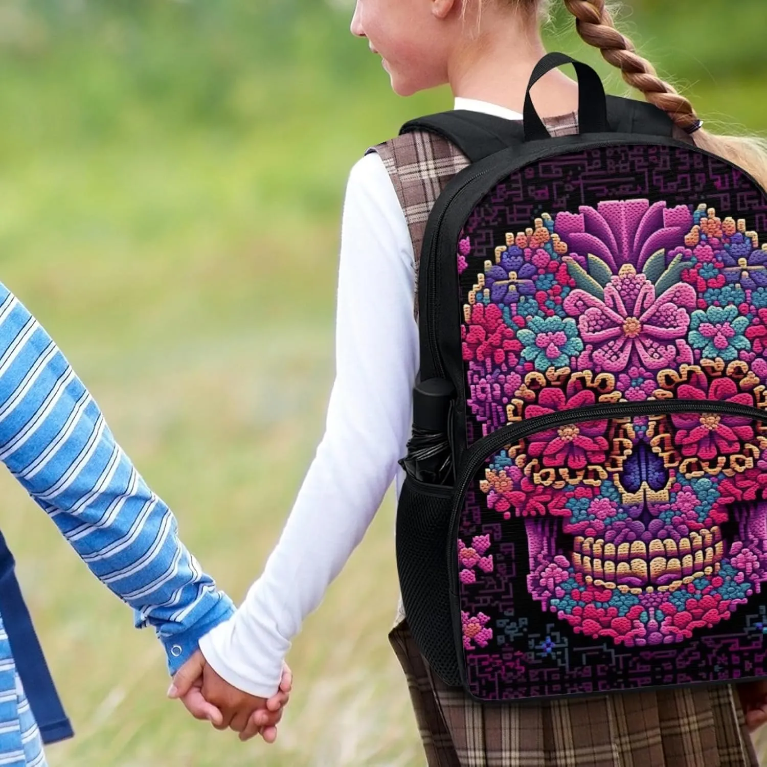 2023 Magenta Floral Skull Schoolbag Boys Girls Middle High School 17" Double Zipper Gothic Flowers Skeleton Daypack Durable Knapsack Bookbags Laptop Compartment