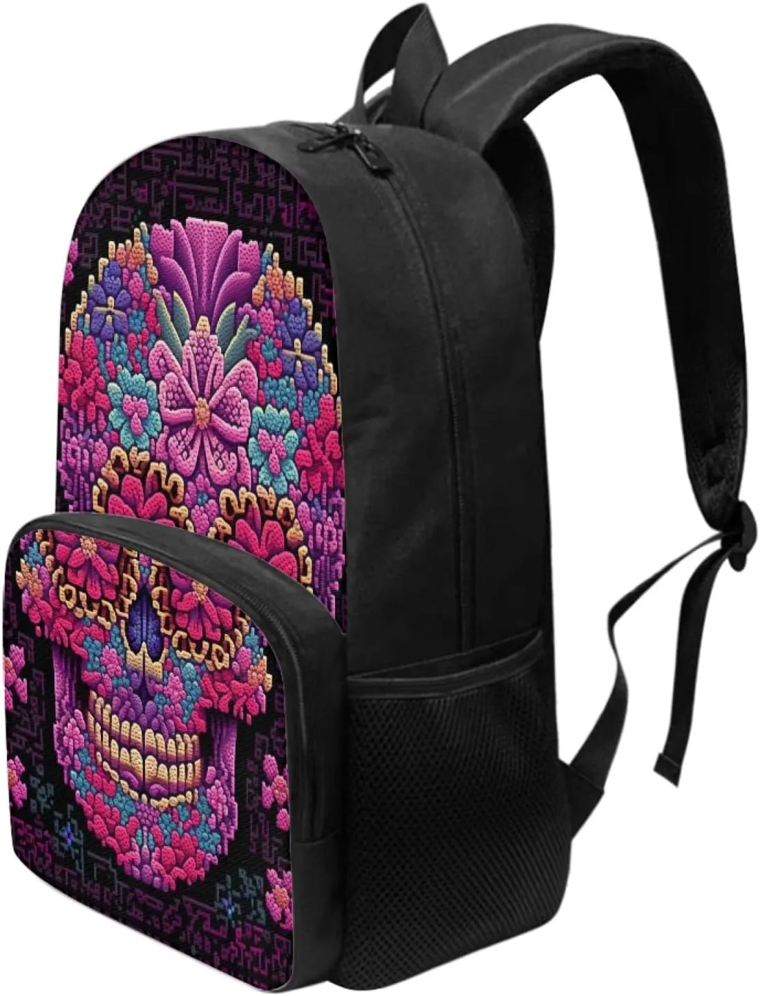 2023 Magenta Floral Skull Schoolbag Boys Girls Middle High School 17" Double Zipper Gothic Flowers Skeleton Daypack Durable Knapsack Bookbags Laptop Compartment