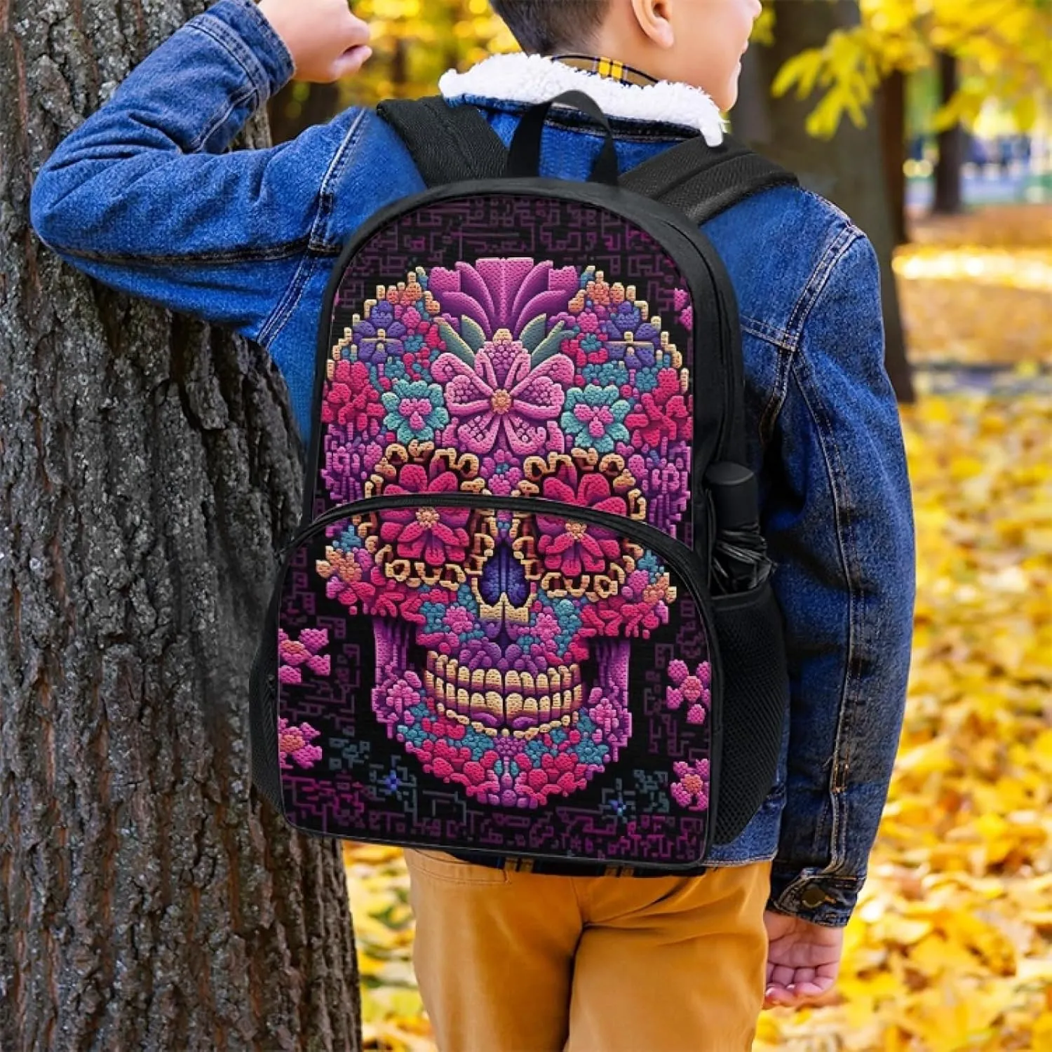 2023 Magenta Floral Skull Schoolbag Boys Girls Middle High School 17" Double Zipper Gothic Flowers Skeleton Daypack Durable Knapsack Bookbags Laptop Compartment