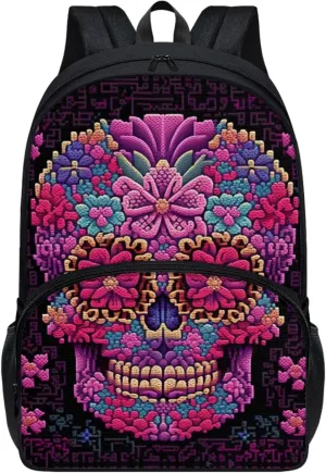 2023 Magenta Floral Skull Schoolbag Boys Girls Middle High School 17" Double Zipper Gothic Flowers Skeleton Daypack Durable Knapsack Bookbags Laptop Compartment
