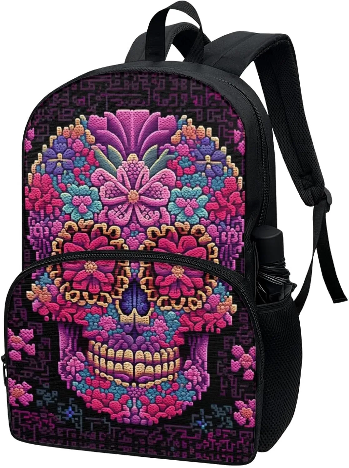 2023 Magenta Floral Skull Schoolbag Boys Girls Middle High School 17" Double Zipper Gothic Flowers Skeleton Daypack Durable Knapsack Bookbags Laptop Compartment