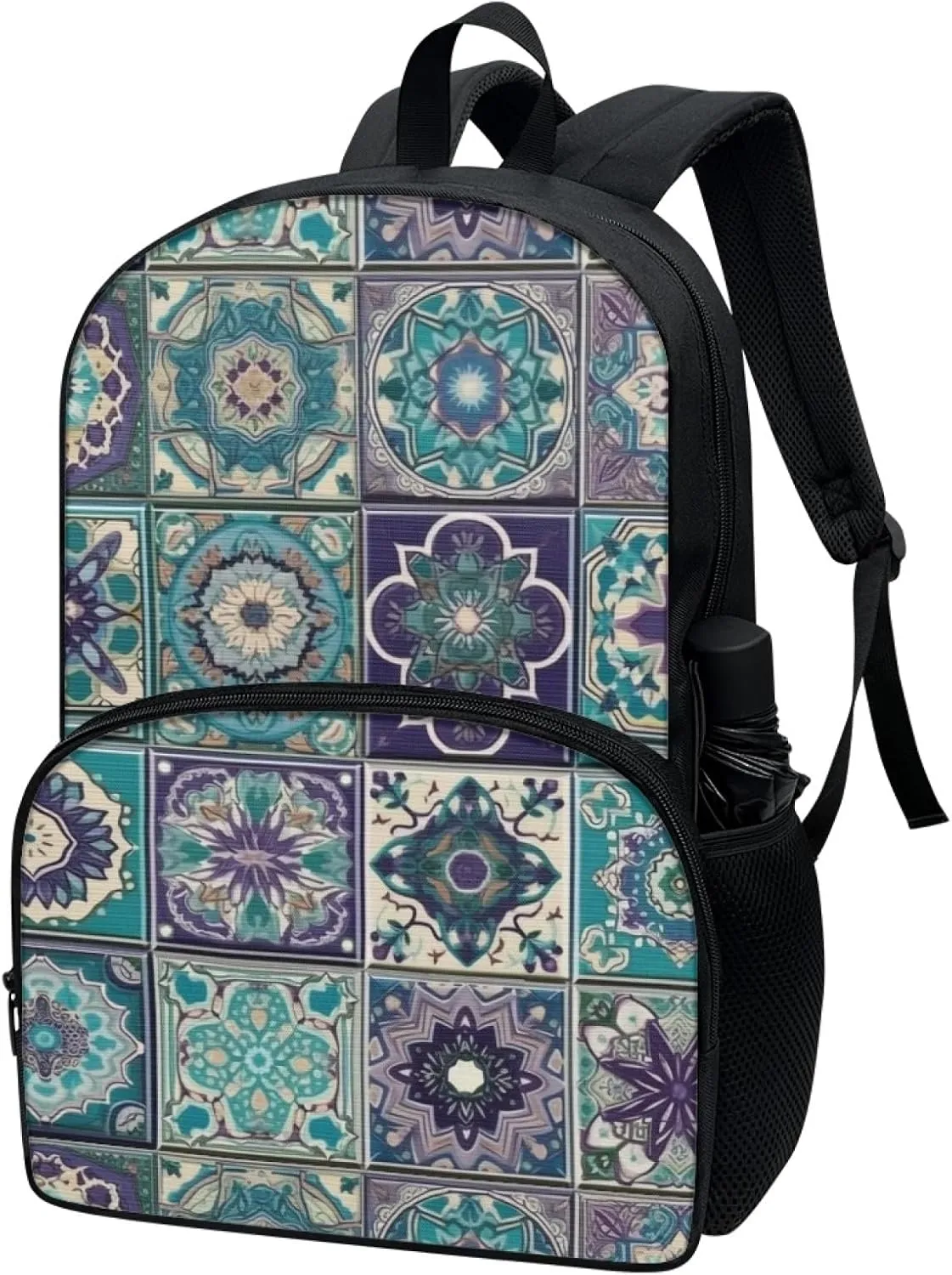 2023 Moroccan Ceramic Tiles Backpack Boys Girls School Mandala Turquoise Purple Abstract Rucksack Middle High Schoolbag Double Zipper Rucksack Teens Hiking Sports