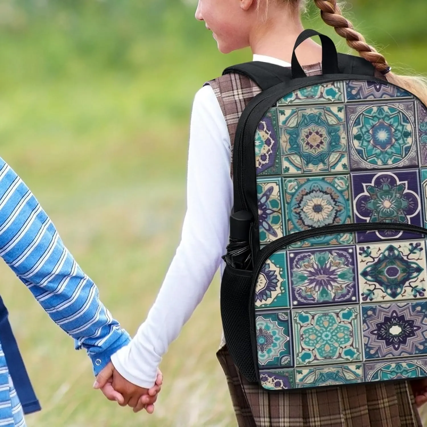 2023 Moroccan Ceramic Tiles Backpack Boys Girls School Mandala Turquoise Purple Abstract Rucksack Middle High Schoolbag Double Zipper Rucksack Teens Hiking Sports