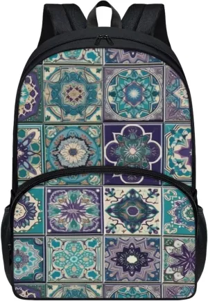 2023 Moroccan Ceramic Tiles Backpack Boys Girls School Mandala Turquoise Purple Abstract Rucksack Middle High Schoolbag Double Zipper Rucksack Teens Hiking Sports