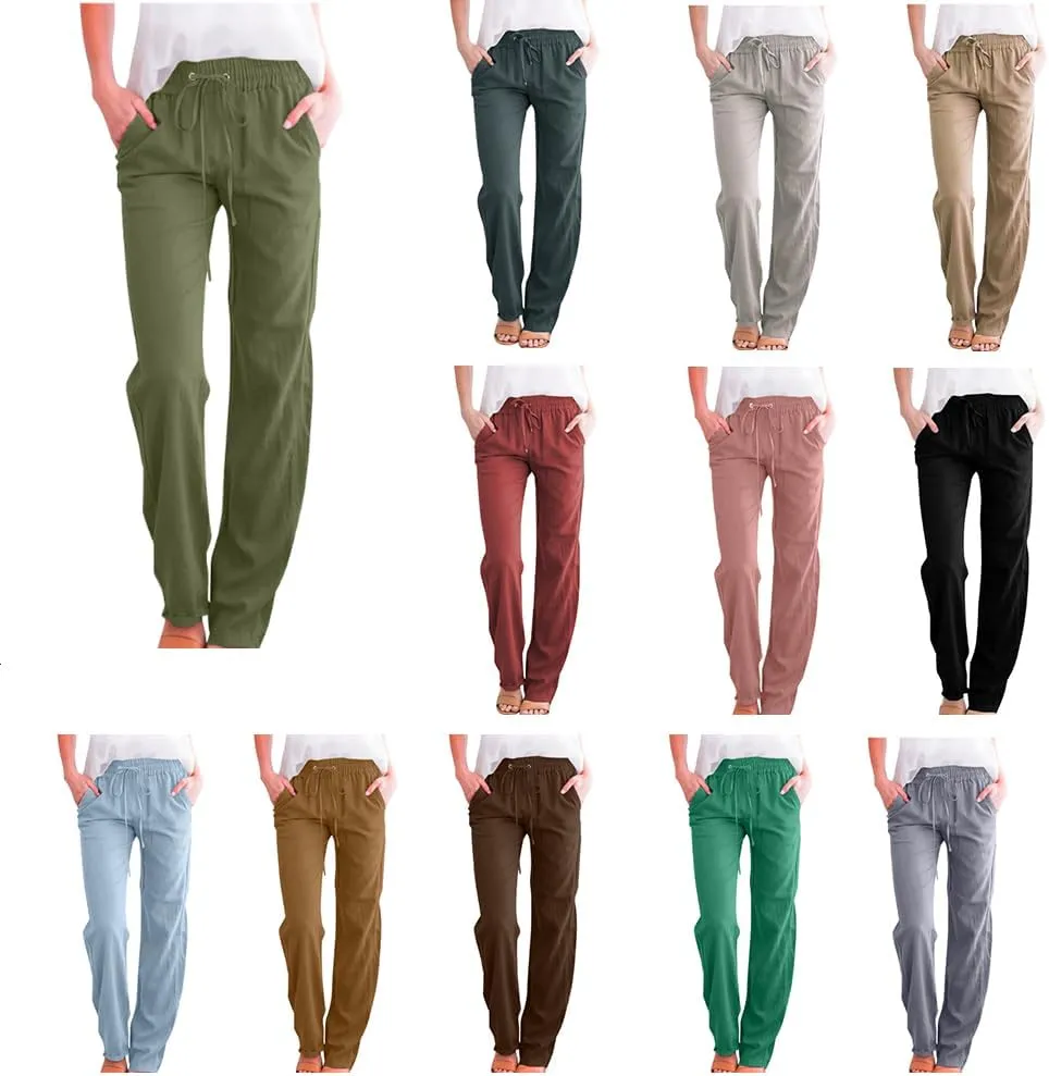 2025 Capri Pants for Women Casual Summer Drawstring Elastic High Waist Linen Pant Straight Leg Cropped