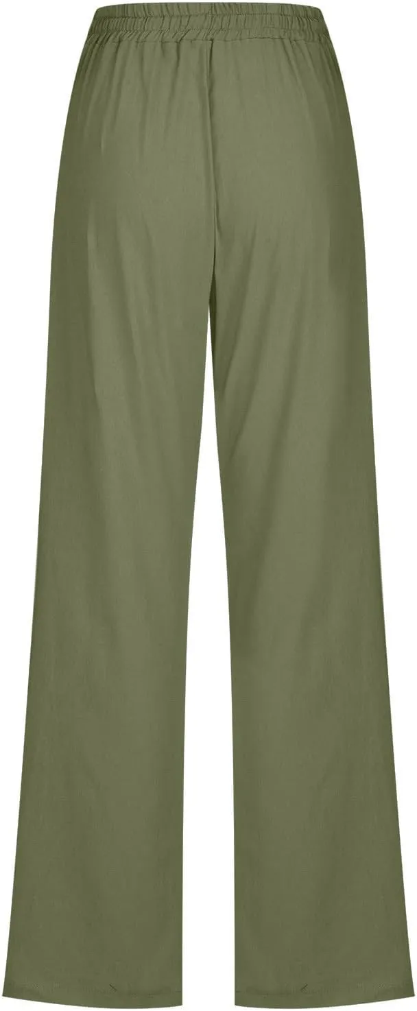 2025 Capri Pants for Women Casual Summer Drawstring Elastic High Waist Linen Pant Straight Leg Cropped