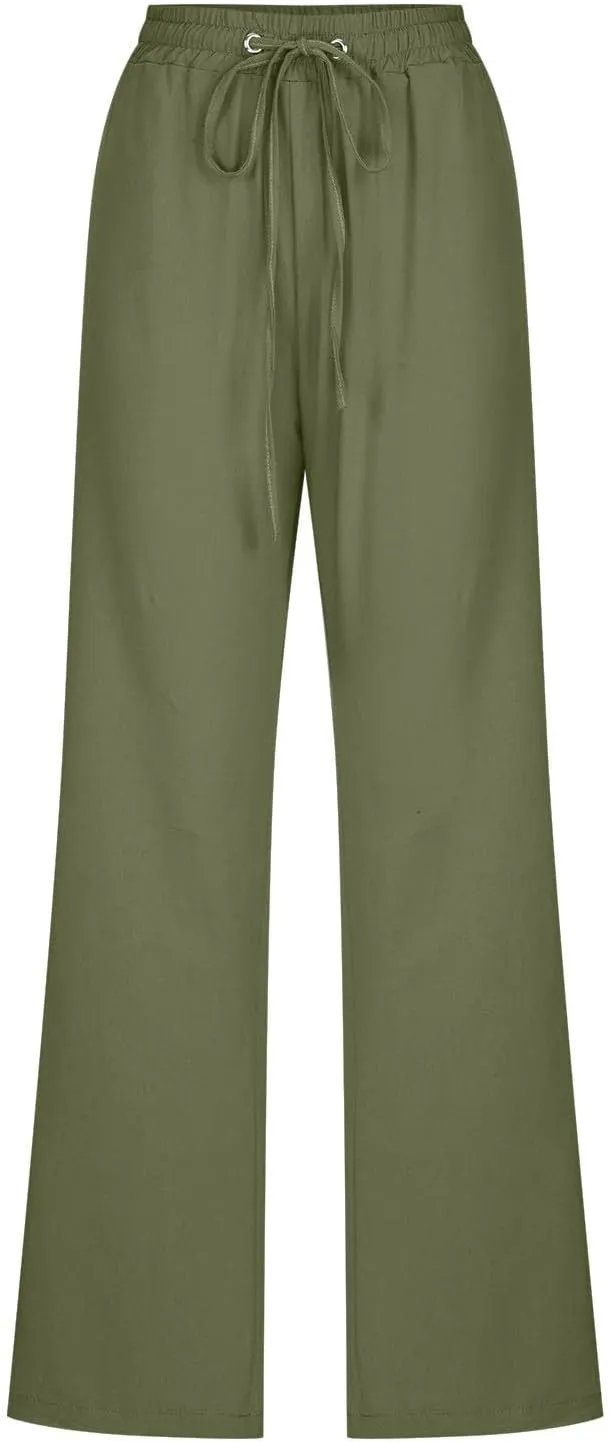 2025 Capri Pants for Women Casual Summer Drawstring Elastic High Waist Linen Pant Straight Leg Cropped