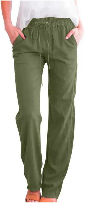 2025 Capri Pants for Women Casual Summer Drawstring Elastic High Waist Linen Pant Straight Leg Cropped