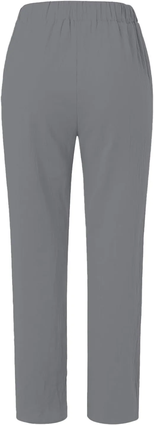 2025 Linen Pants Women Summer Casual Side Button Down Baggy Pants Elastic High Waist Tapered Wide Leg Pants w/Pockets