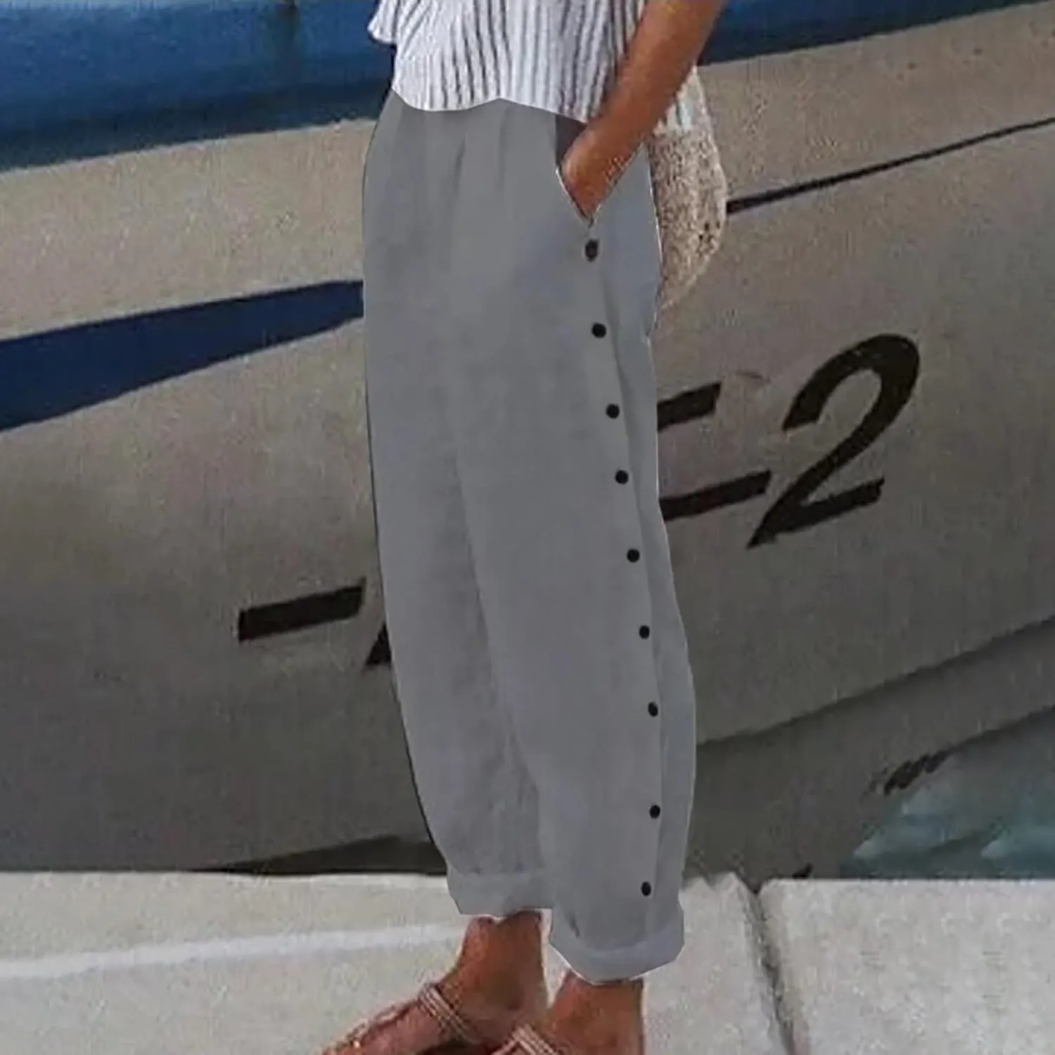 2025 Linen Pants Women Summer Casual Side Button Down Baggy Pants Elastic High Waist Tapered Wide Leg Pants w/Pockets