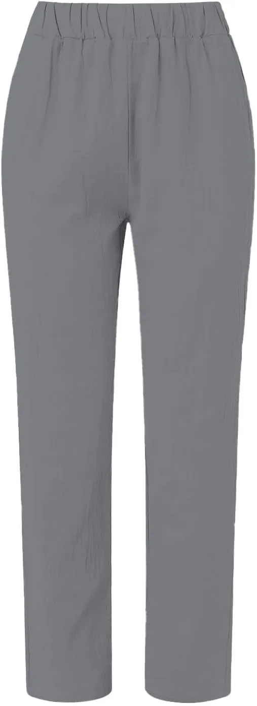 2025 Linen Pants Women Summer Casual Side Button Down Baggy Pants Elastic High Waist Tapered Wide Leg Pants w/Pockets