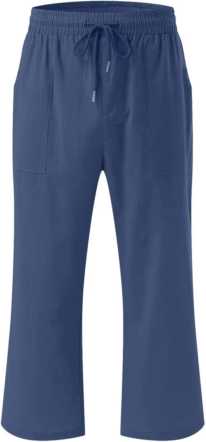 2PC Linen Trousers for Womens - Summer Solid Color Drawstring Waist Wide Leg Cropped Pants with Pockets, Loose Fit