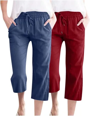 2PC Linen Trousers for Womens - Summer Solid Color Drawstring Waist Wide Leg Cropped Pants with Pockets, Loose Fit