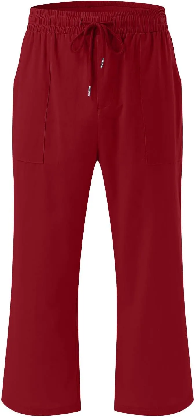 2PC Linen Trousers for Womens - Summer Solid Color Drawstring Waist Wide Leg Cropped Pants with Pockets, Loose Fit