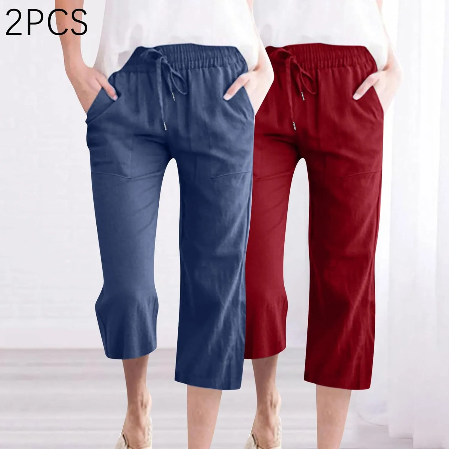2PC Linen Trousers for Womens - Summer Solid Color Drawstring Waist Wide Leg Cropped Pants with Pockets, Loose Fit