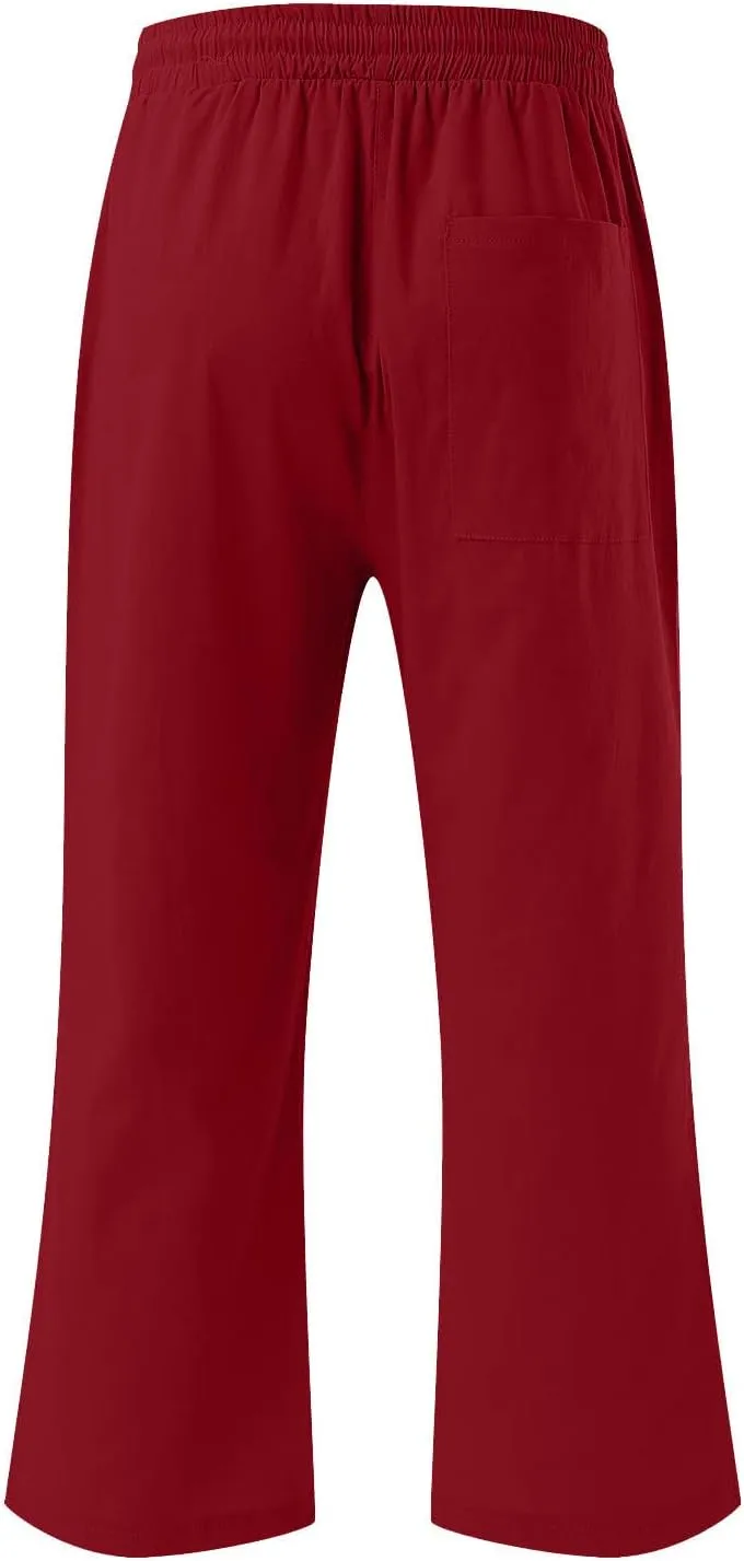 2PC Linen Trousers for Womens - Summer Solid Color Drawstring Waist Wide Leg Cropped Pants with Pockets, Loose Fit