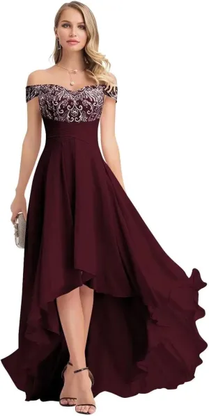 A-line Appliques Chiffon Prom Dress for Women, High-Low Sweetheart Bridesmaid Dress Formal Evening Gown