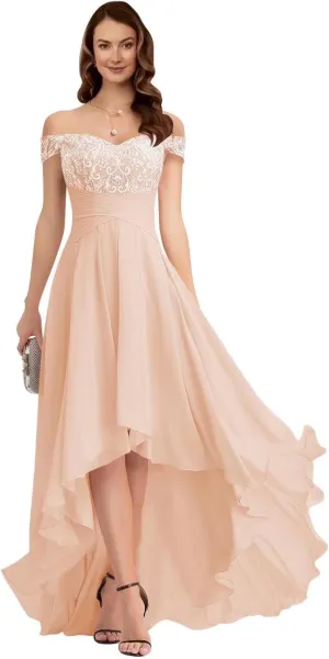 A-line Appliques Chiffon Prom Dress for Women, High-Low Sweetheart Bridesmaid Dress Formal Evening Gown