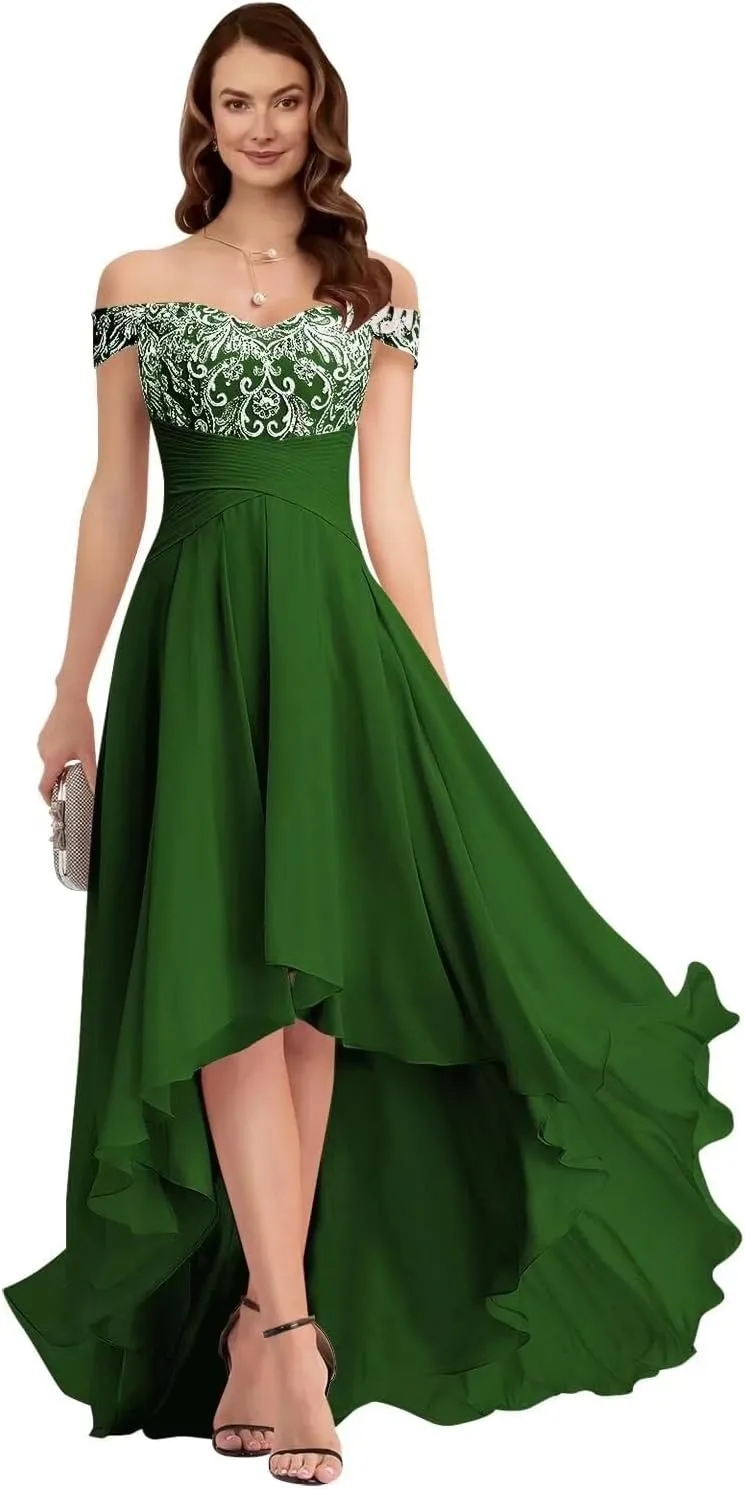 A-line Appliques Chiffon Prom Dress for Women, High-Low Sweetheart Bridesmaid Dress Formal Evening Gown