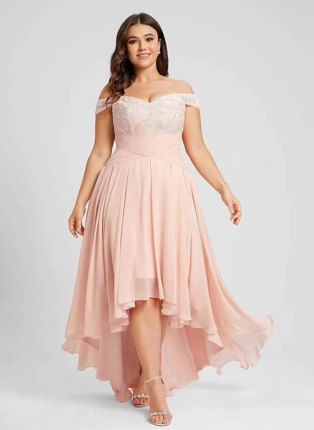 A-line Appliques Chiffon Prom Dress for Women, High-Low Sweetheart Bridesmaid Dress Formal Evening Gown