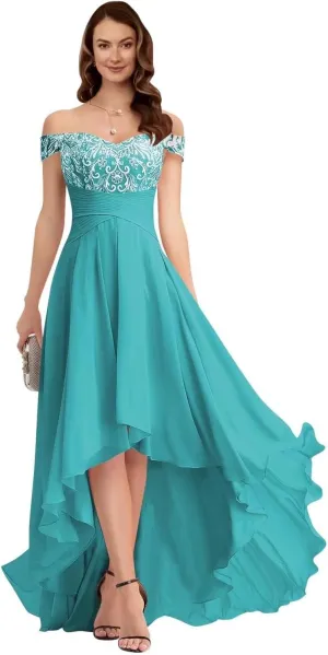 A-line Appliques Chiffon Prom Dress for Women, High-Low Sweetheart Bridesmaid Dress Formal Evening Gown