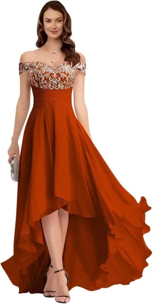 A-line Appliques Chiffon Prom Dress for Women, High-Low Sweetheart Bridesmaid Dress Formal Evening Gown