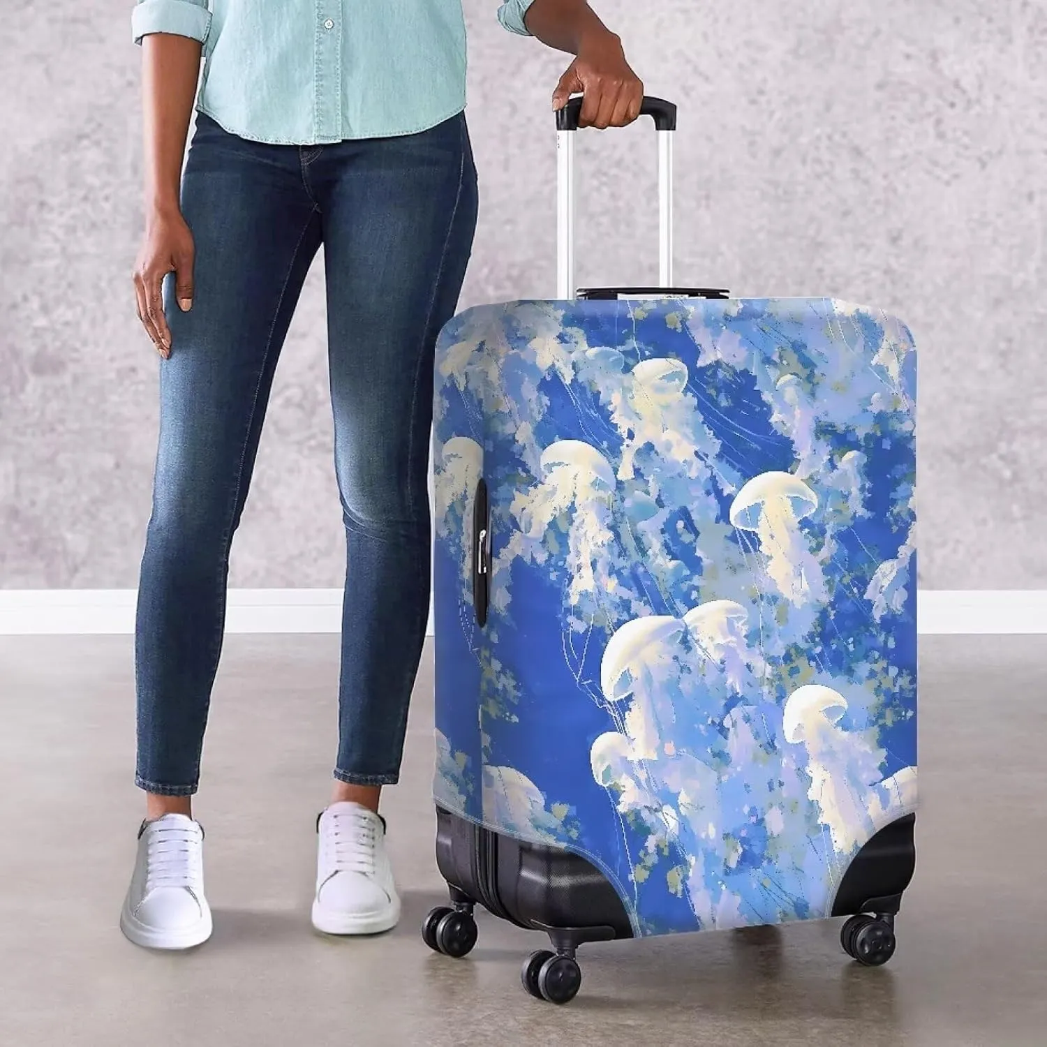 Abstract Jellyfish Print Travel Cover Protector Ocean Animal Jellyfishes Pattern Elastic Protective Washable Luggage Cover for Women Men Elastic Polyester Cover -S