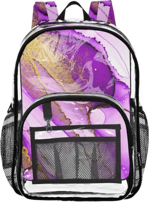Abstract Purple Gold Marble Travel Clear Backpack Floral Girls Backpack Kids Boys Plastic Transparent Bookbag