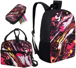 Abstract Splash Painting School Bag Primary Junior High School Bag Colorful Fluid Paintings Kids Shoulder Lunch Bag and Pen Case Bag Set for Kids Boys Girls