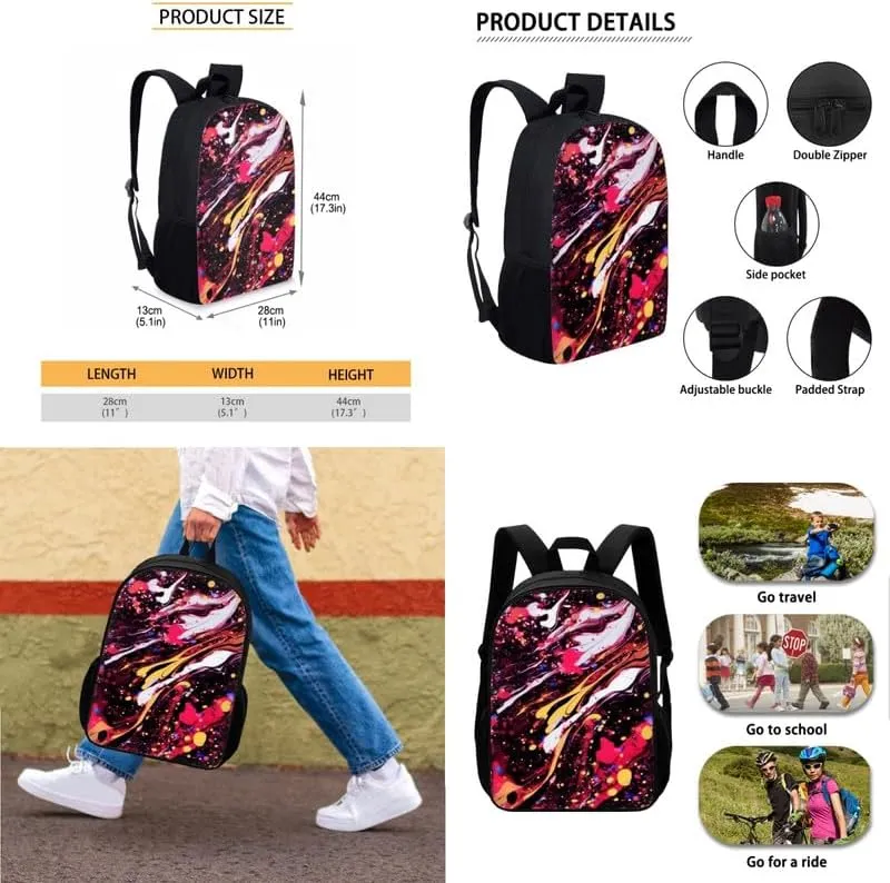 Abstract Splash Painting School Bag Primary Junior High School Bag Colorful Fluid Paintings Kids Shoulder Lunch Bag and Pen Case Bag Set for Kids Boys Girls