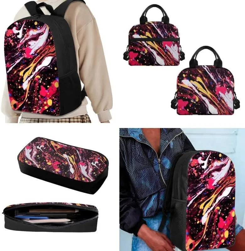 Abstract Splash Painting School Bag Primary Junior High School Bag Colorful Fluid Paintings Kids Shoulder Lunch Bag and Pen Case Bag Set for Kids Boys Girls