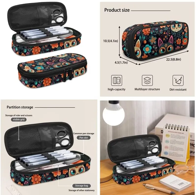 Adorable Sugar Skull Cat 3pcs SchoolBag Teenager Gifts for Men & Women Classical Cute Cat Art Boho Fits 12 inch laptop Bag Lunch Bag Pencil Case