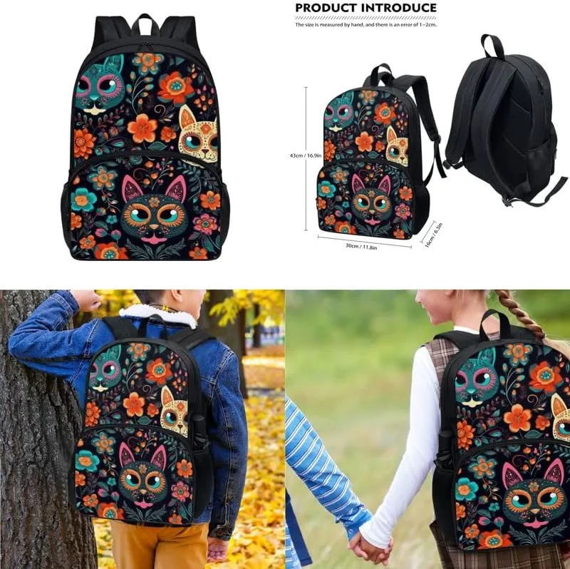 Adorable Sugar Skull Cat 3pcs SchoolBag Teenager Gifts for Men & Women Classical Cute Cat Art Boho Fits 12 inch laptop Bag Lunch Bag Pencil Case