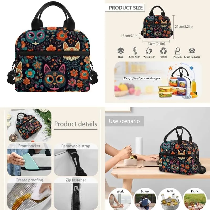 Adorable Sugar Skull Cat 3pcs SchoolBag Teenager Gifts for Men & Women Classical Cute Cat Art Boho Fits 12 inch laptop Bag Lunch Bag Pencil Case