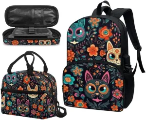 Adorable Sugar Skull Cat 3pcs SchoolBag Teenager Gifts for Men & Women Classical Cute Cat Art Boho Fits 12 inch laptop Bag Lunch Bag Pencil Case