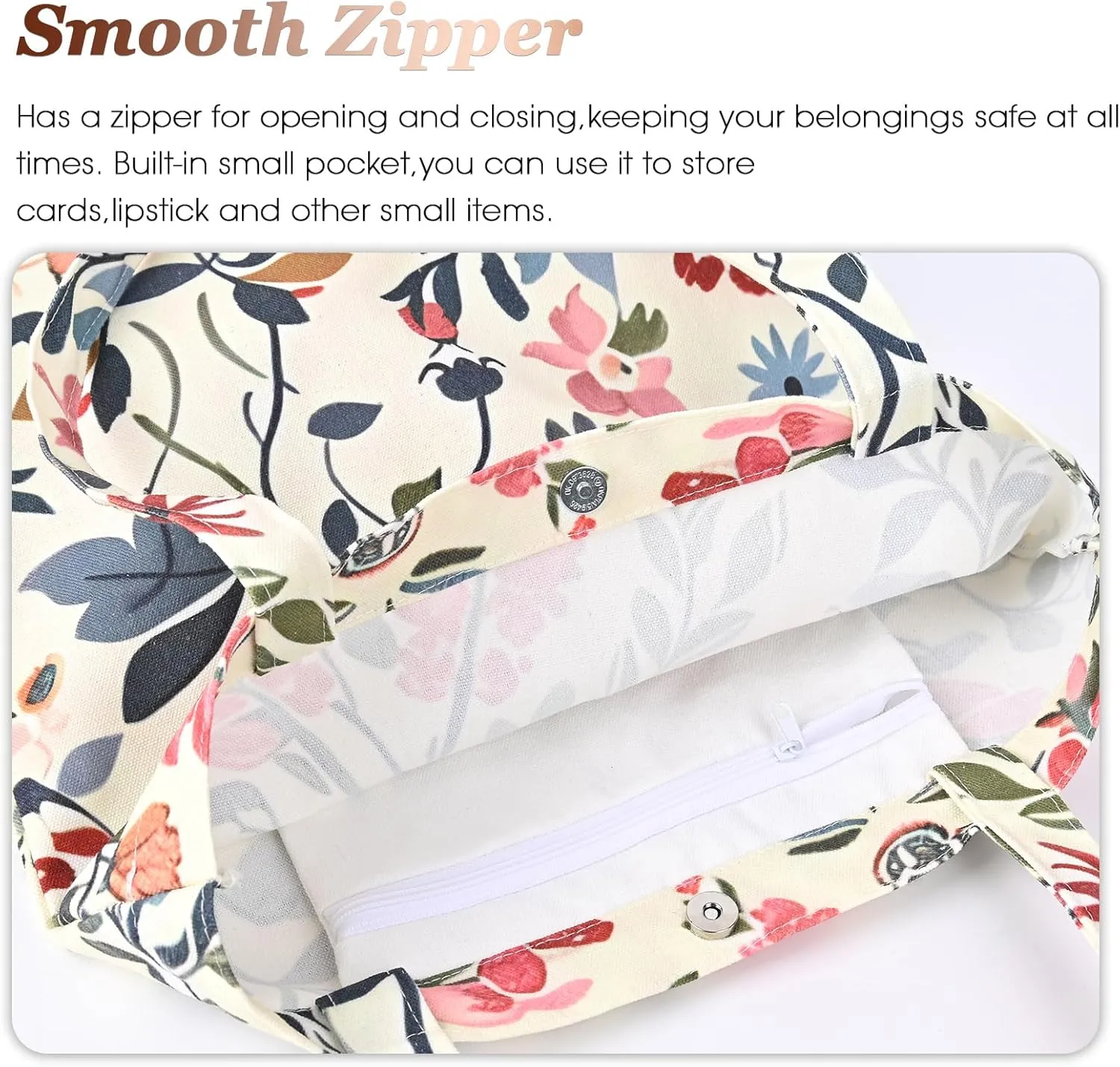 Aesthetic Canvas Cotton Tote Bag for Women with Magnetic Buckle and Zipper Inner Pocket for Girls Lady Shopping Bag