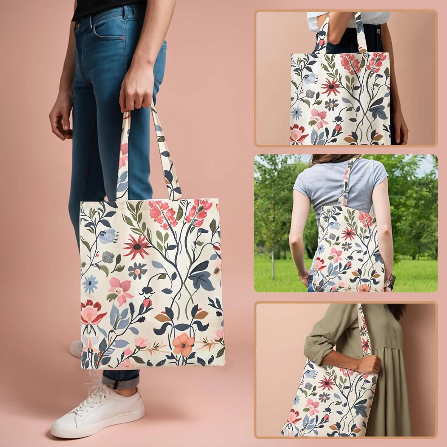 Aesthetic Canvas Cotton Tote Bag for Women with Magnetic Buckle and Zipper Inner Pocket for Girls Lady Shopping Bag