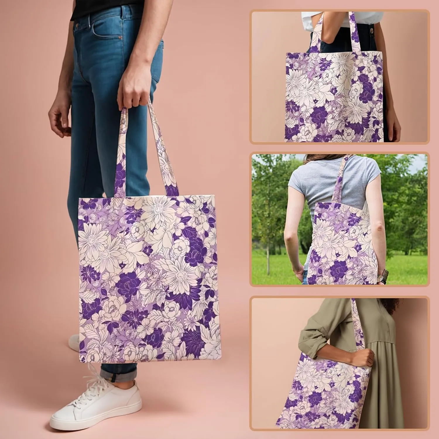 Aesthetic Canvas Cotton Tote Bag for Women with Magnetic Buckle and Zipper Inner Pocket for Girls Lady Shopping Bag