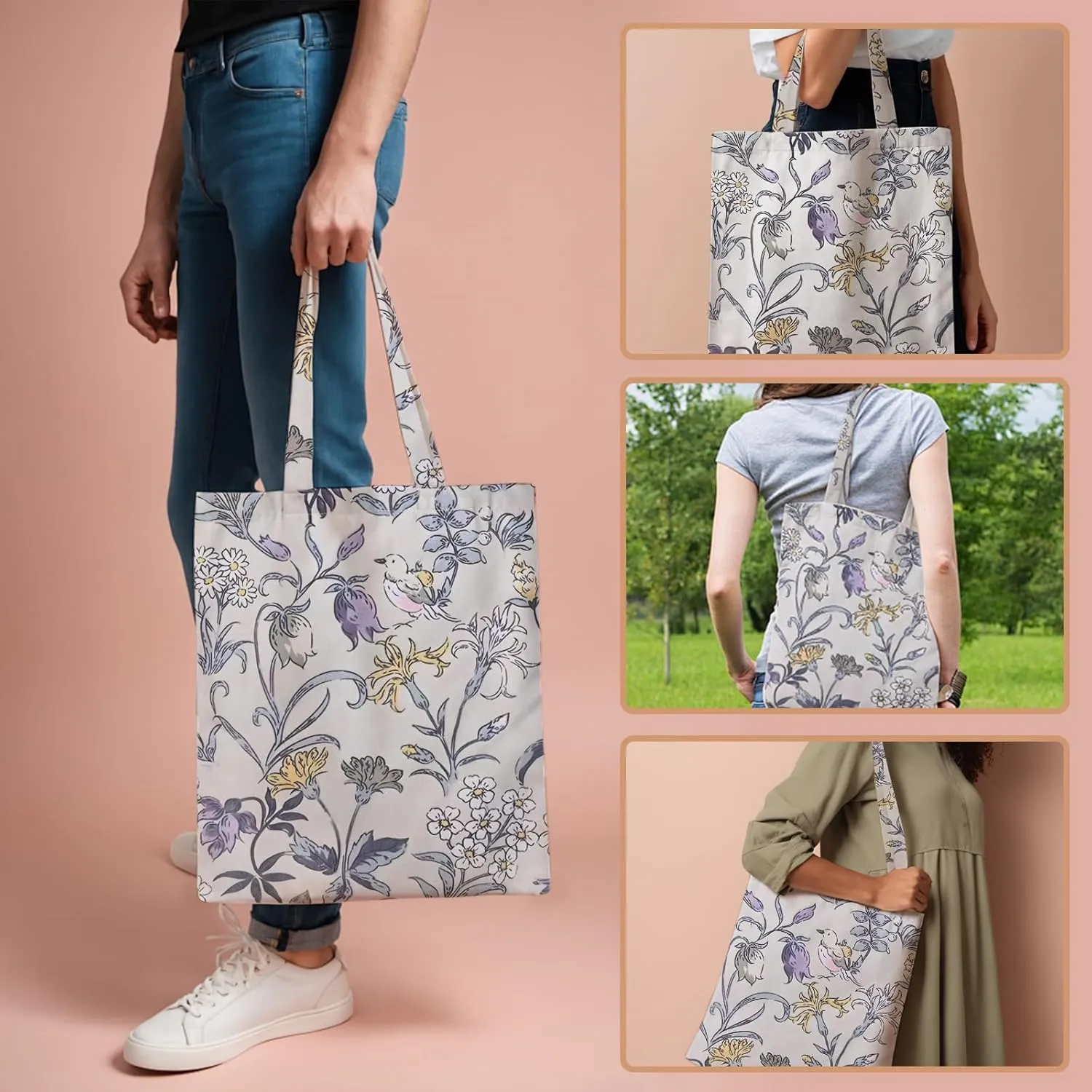 Aesthetic Canvas Cotton Tote Bag for Women with Magnetic Buckle and Zipper Inner Pocket for Girls Lady Shopping Bag