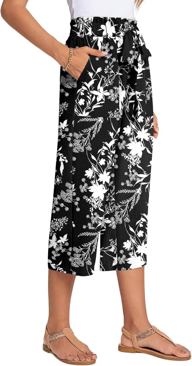 ALIGADUO Womens Capri Pants Casual Wide Leg Pants Loose High Waist Lounge Pants with Pockets