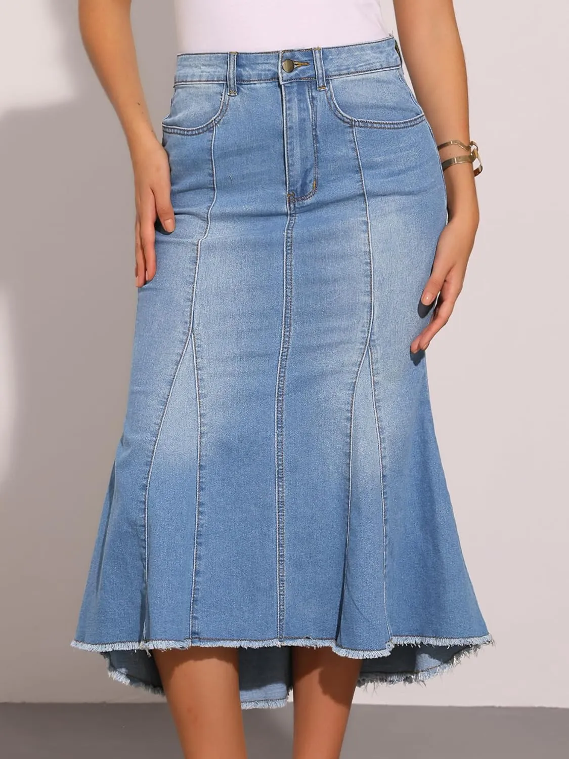 Allegra K Women's Washed Fishtail Denim Skirt High Waist Raw Hem Fashion Casual Midi Jean Skirts with Pockets